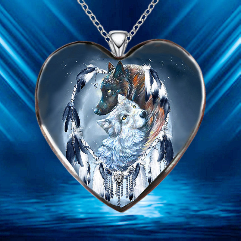 Colorful Heart Wolf Necklace Animal Pendant Girls Jewelry