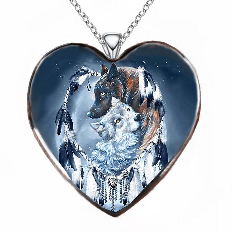 Colorful Heart Wolf Necklace Animal Pendant Girls Jewelry