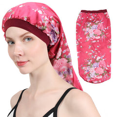 Flower Print Satin Bonnet Soft Long Hair Sleep Cap