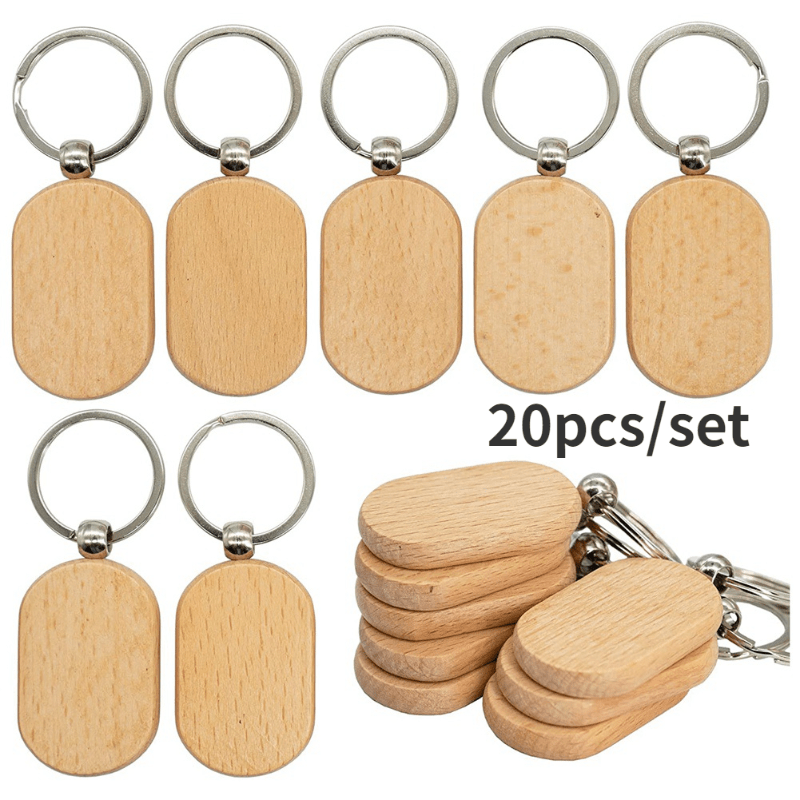 20pcs Blank Wooden Key Tag Key Chain DIY Wood Engraving Key Ring Blanks