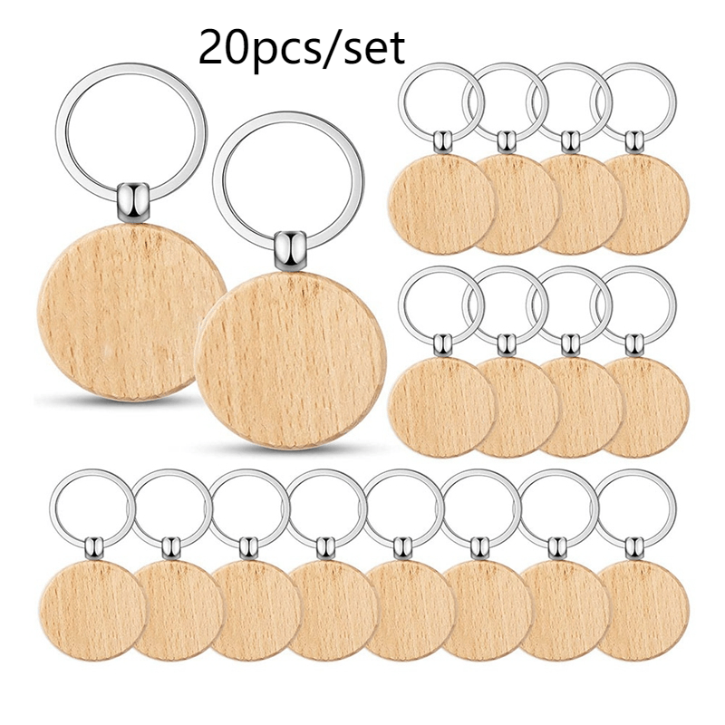 20pcs Blank Wooden Key Tag Key Chain DIY Wood Engraving Key Ring Blanks