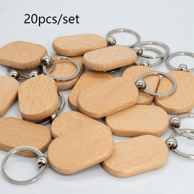 20pcs Blank Wooden Key Tag Key Chain DIY Wood Engraving Key Ring Blanks