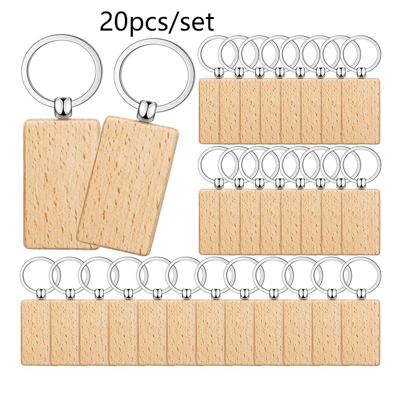 20pcs Blank Wooden Key Tag Key Chain DIY Wood Engraving Key Ring Blanks