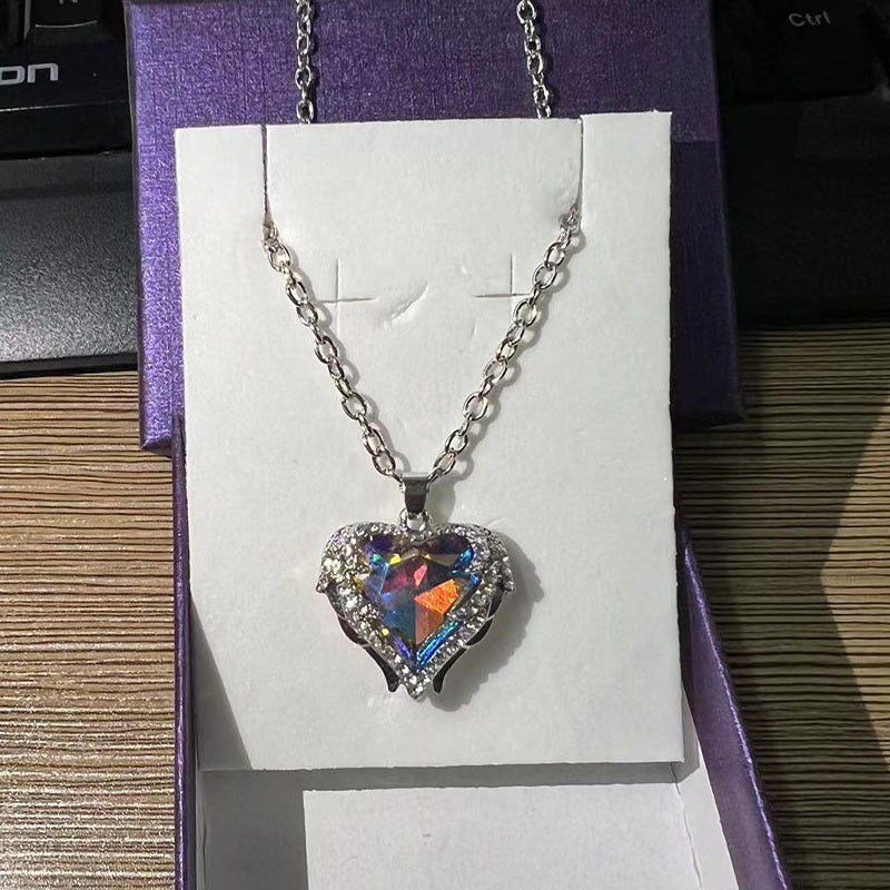 Heart Pendant Necklace & Earrings Set Wing Detail Rhinestone Decor