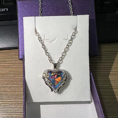 Heart Pendant Necklace & Earrings Set Wing Detail Rhinestone Decor