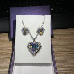 Heart Pendant Necklace & Earrings Set Wing Detail Rhinestone Decor