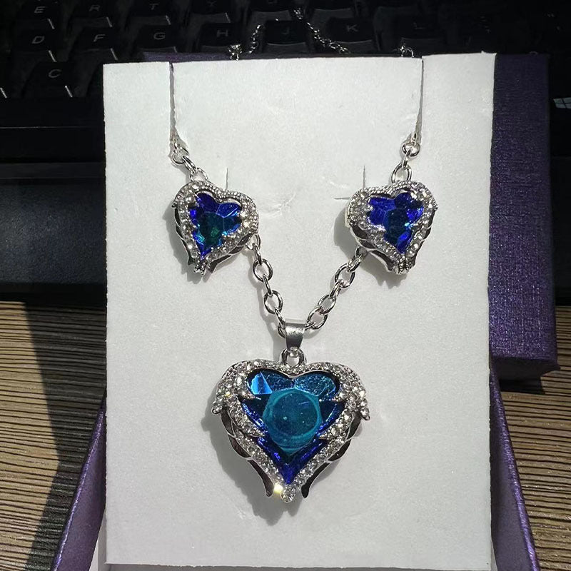 Heart Pendant Necklace & Earrings Set Wing Detail Rhinestone Decor