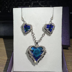 Heart Pendant Necklace & Earrings Set Wing Detail Rhinestone Decor