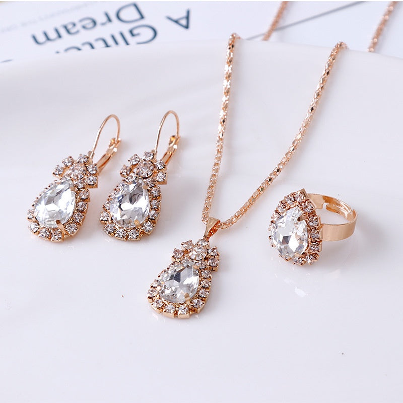 Water Drop Shape Jewelry Set Pendant Necklace & Drop Hook Earring & Ring