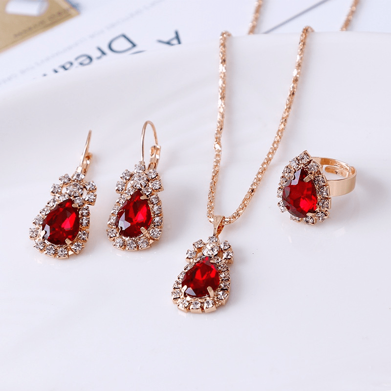 Water Drop Shape Jewelry Set Pendant Necklace & Drop Hook Earring & Ring