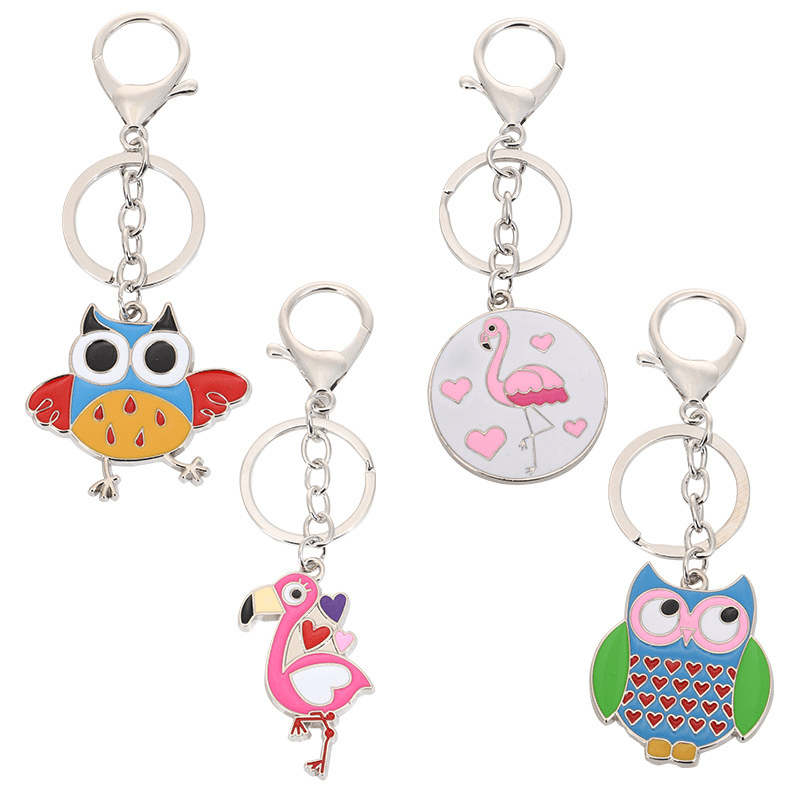 Cartoon Flamingo Owl Metal Keychain Pendant For Girls