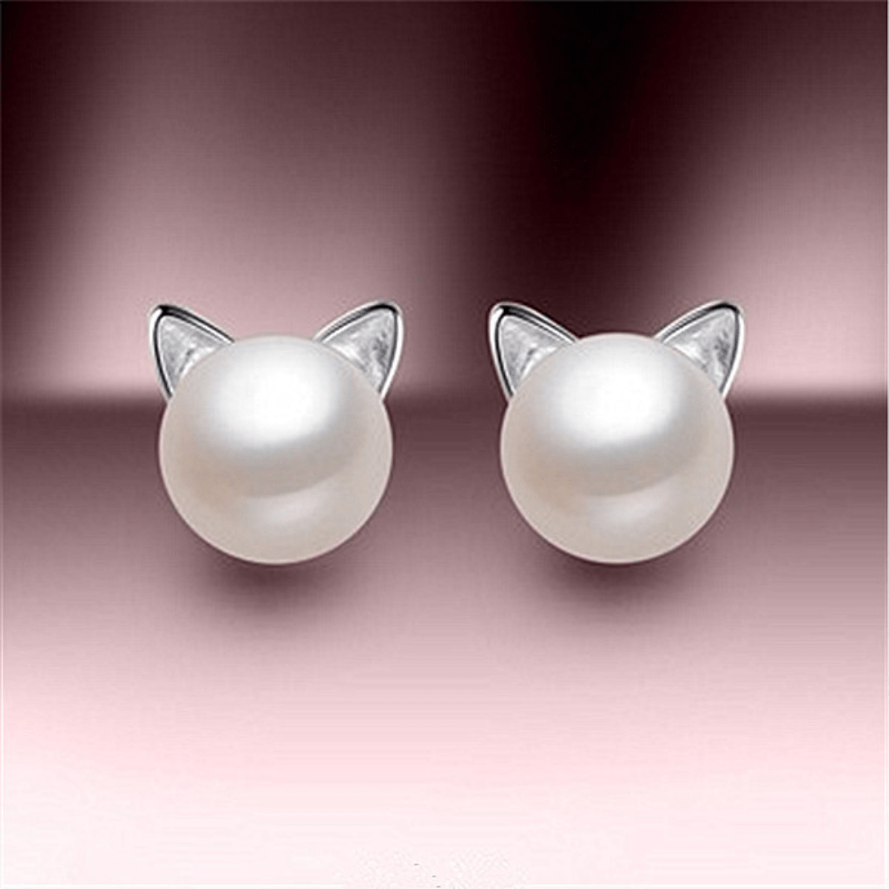 Faux Parl Decor Cat Stud Earrings For Girls