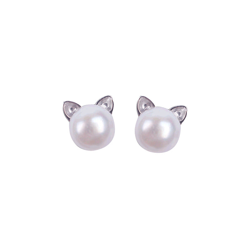 Faux Parl Decor Cat Stud Earrings For Girls