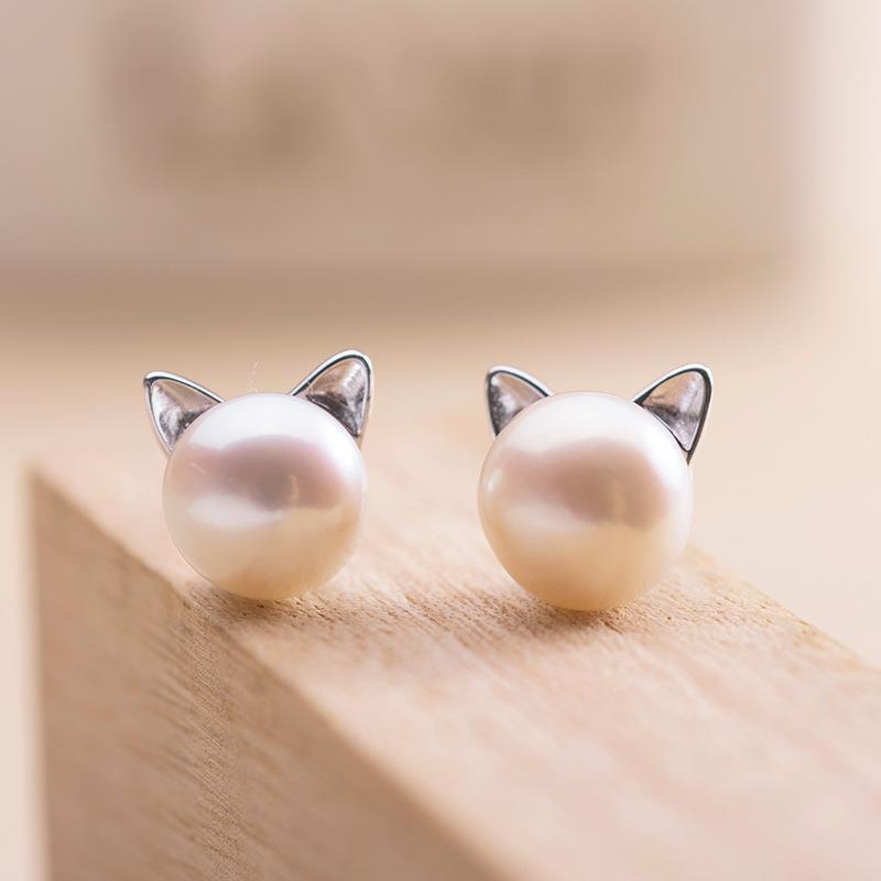 Faux Parl Decor Cat Stud Earrings For Girls