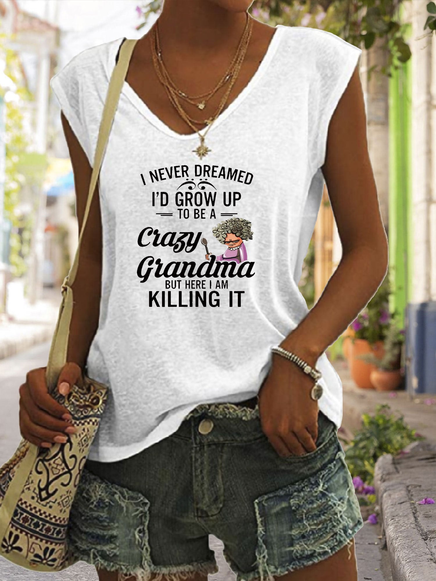 Crazy Grandma Print Top Summer Casual Top Women's Clothing