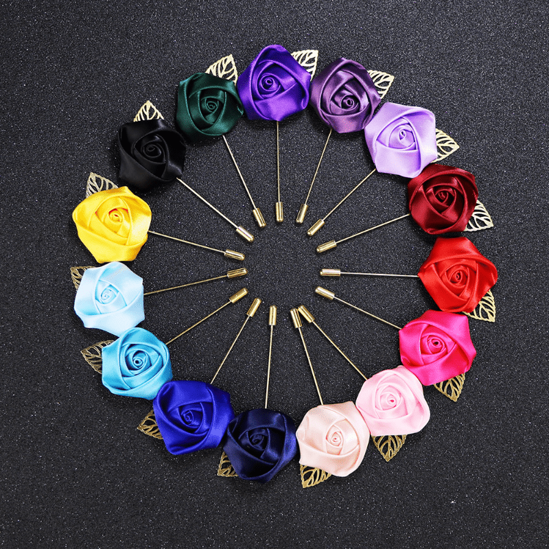 Golden Leaf Rose Flower Men's Brooch Red Flower Tassel Chain Suit Access