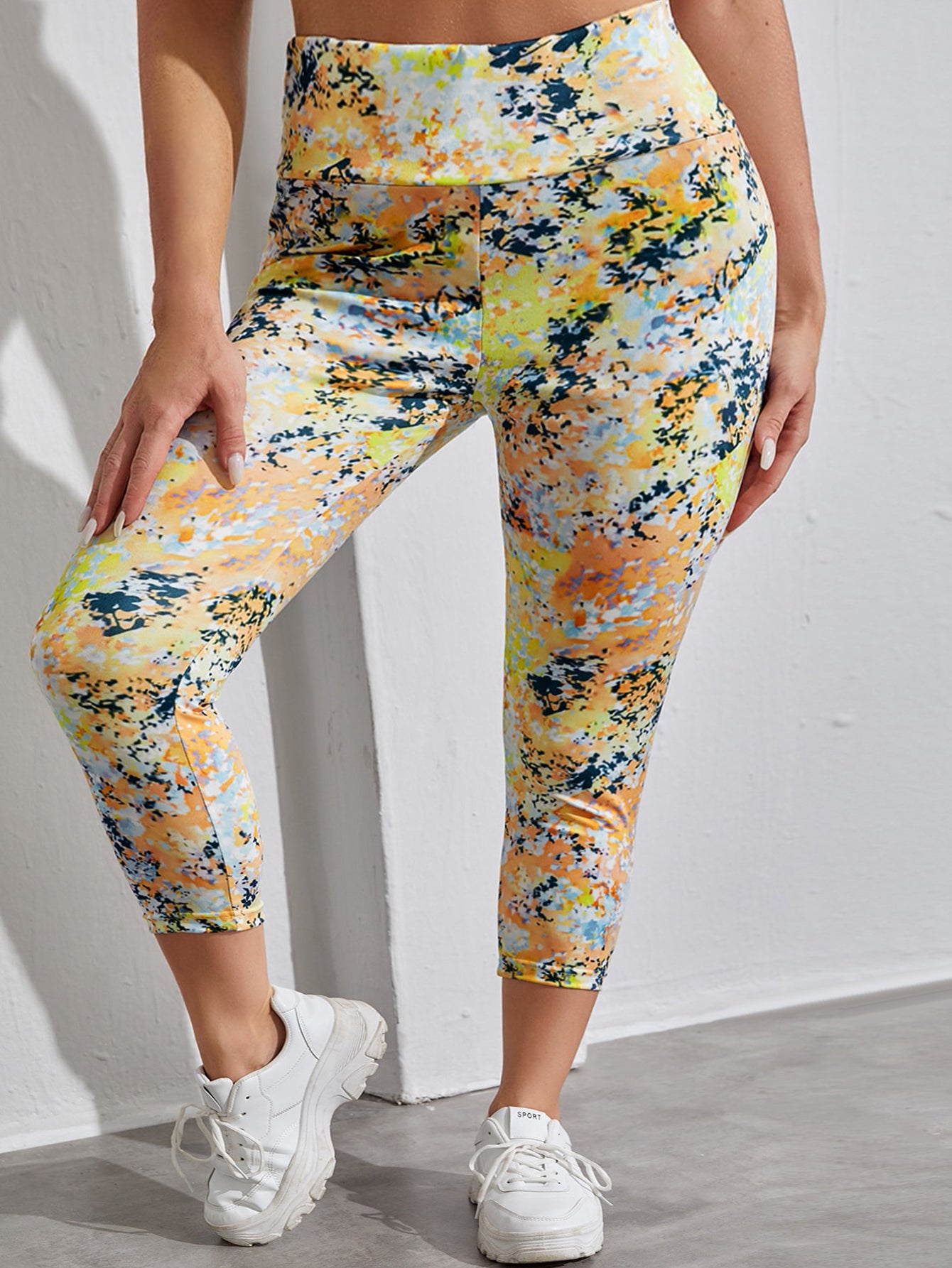 Allover Print Wide Band Waist High Rise Skinny Fitness Leggings