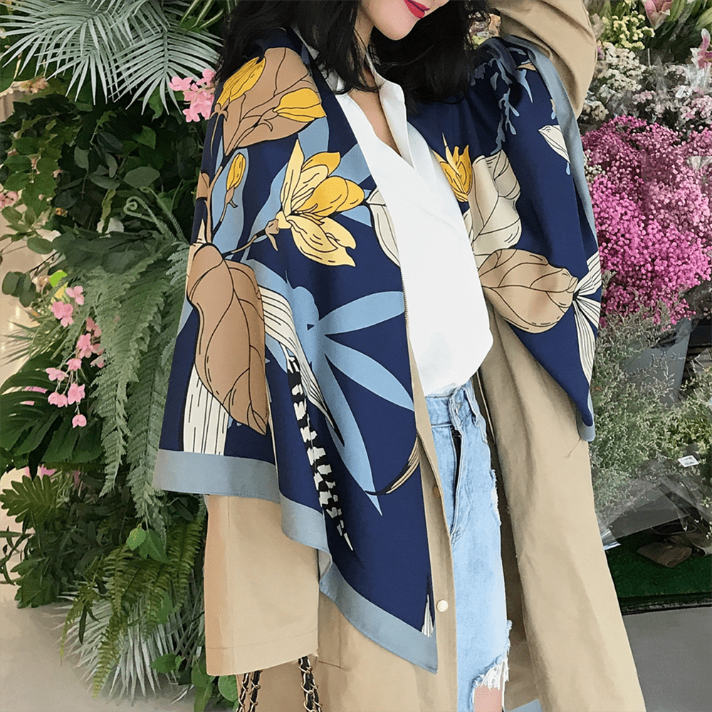 Flower Print Square Scarf Large Shawl Bandana Women Head Wraps Silk