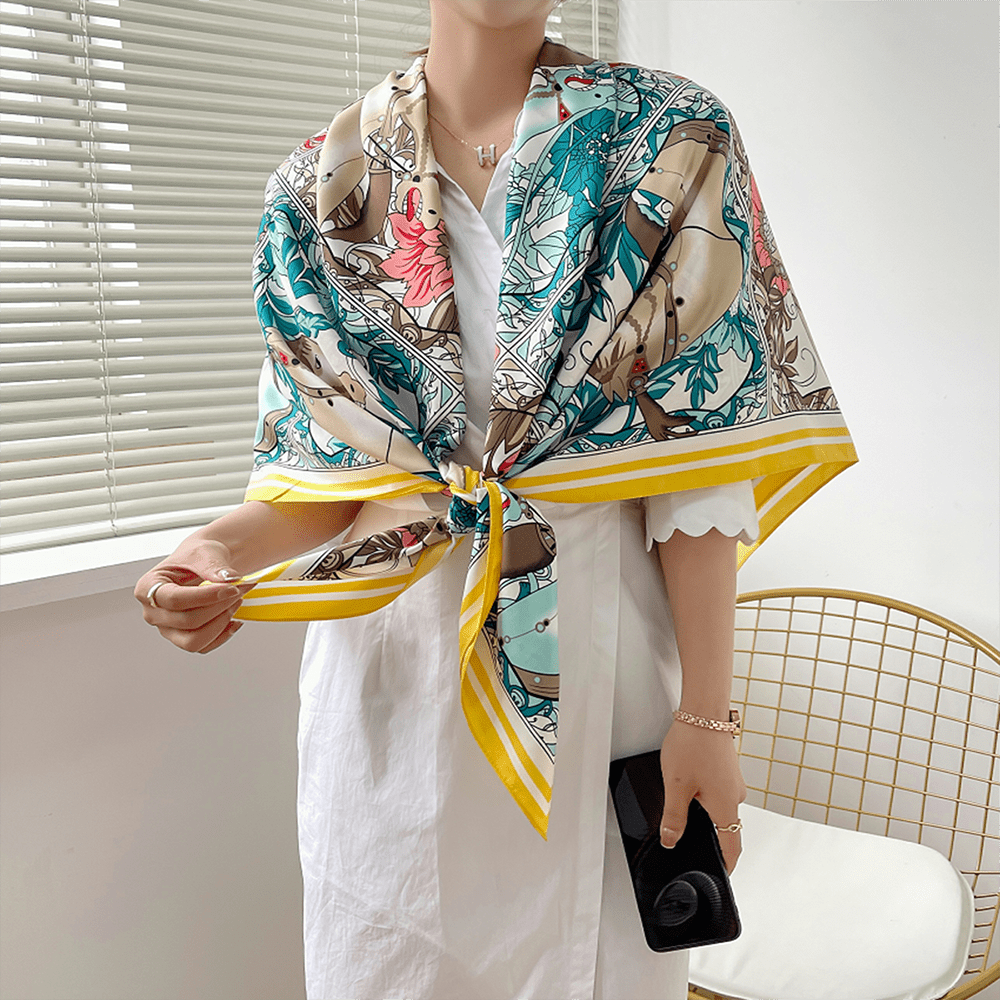 Flower Print Square Scarf Large Shawl Bandana Women Head Wraps Silk