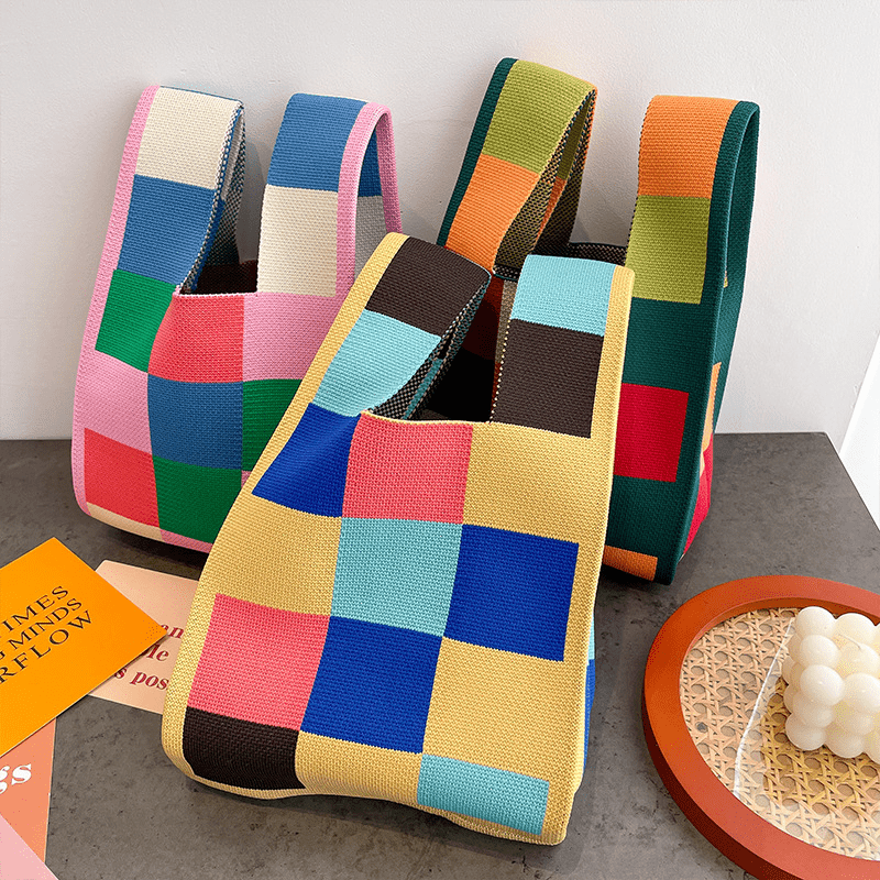 Checkered Knitted Large Capacity Handbag & Wrist Bag
