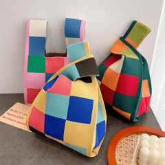 Checkered Knitted Large Capacity Handbag & Wrist Bag