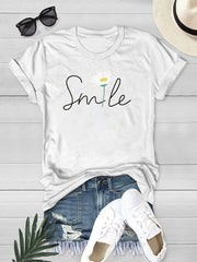Smile Flower Graphic Tee Round Neck Summer Casual Sports Short Sleeve Shirts