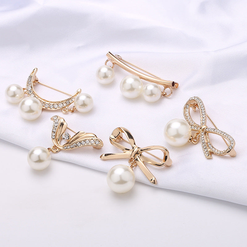 Collar Pin Pearl Rhinestone Scarf Clip Buckle Bowknot Hijab Brooch