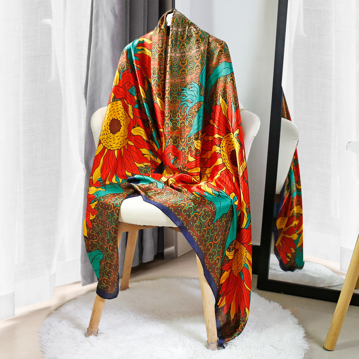 Flower Print Vintage Long Scarf Silk Shawl Satin Head Wraps