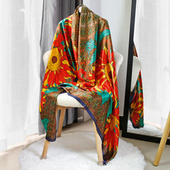 Flower Print Vintage Long Scarf Silk Shawl Satin Head Wraps