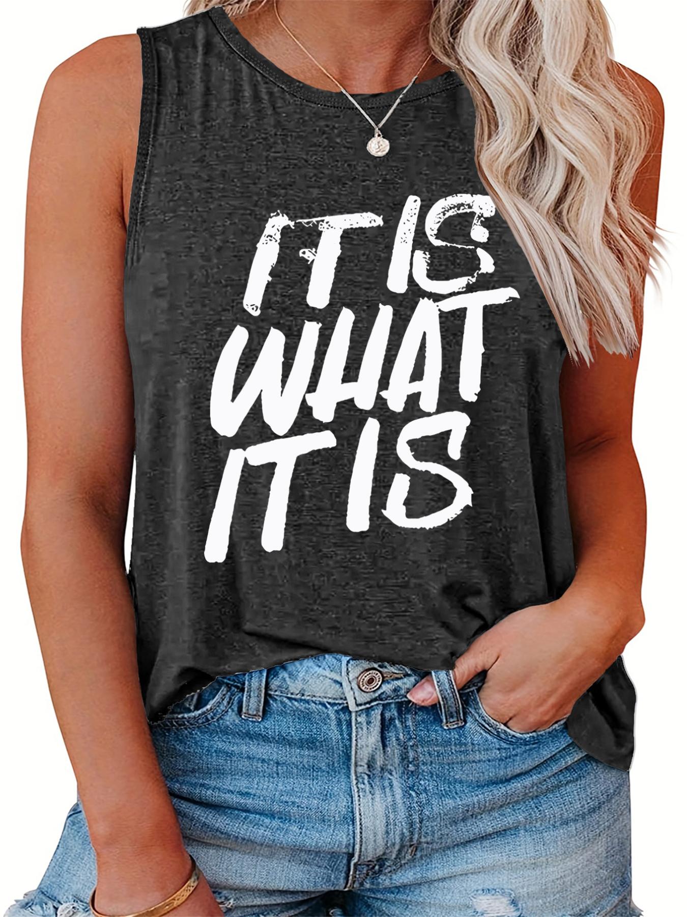 Slogan Print Tank Top Round Neck Stretch Casual Wear