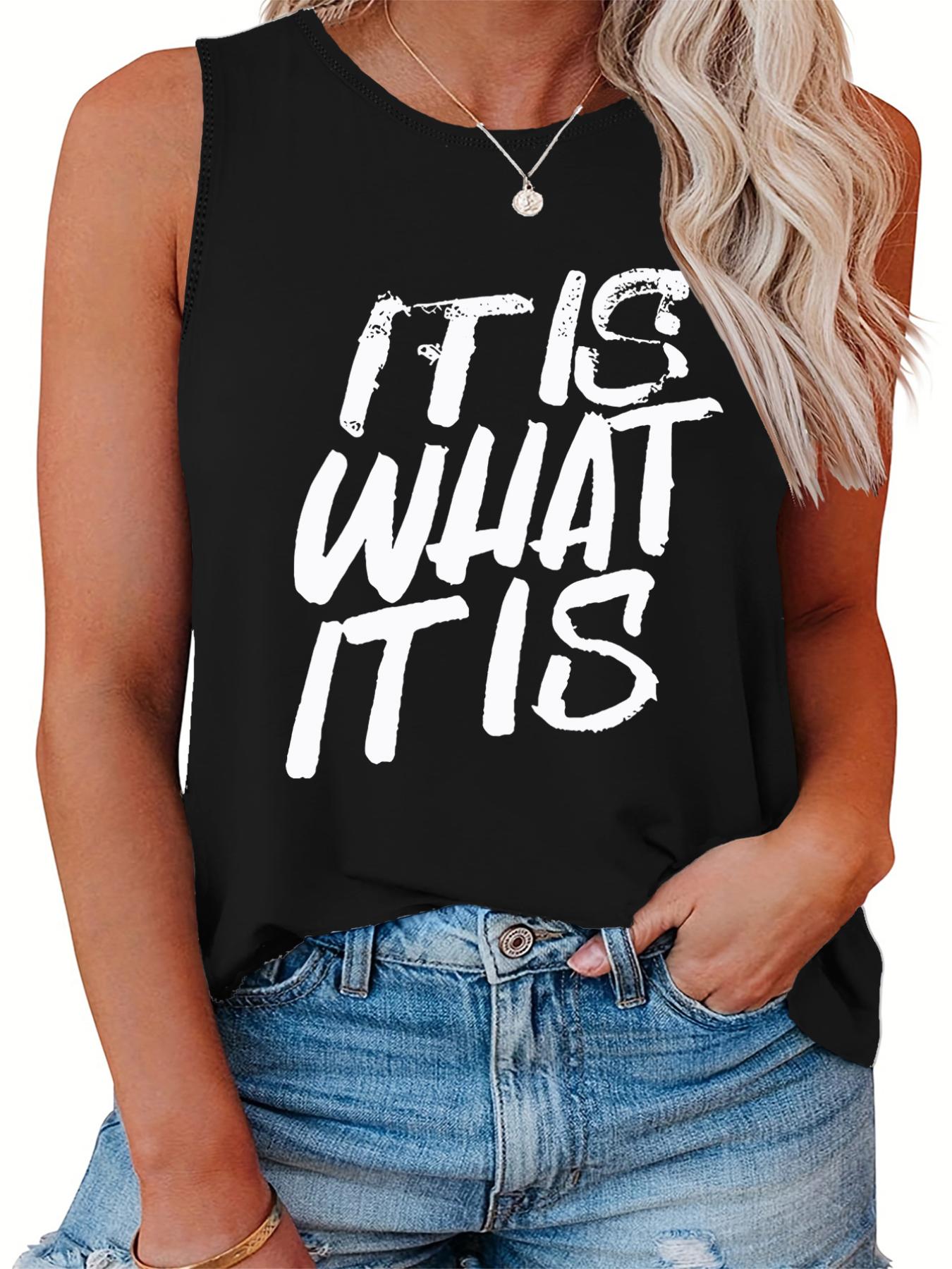Slogan Print Tank Top Round Neck Stretch Casual Wear