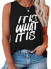 Slogan Print Tank Top Round Neck Stretch Casual Wear