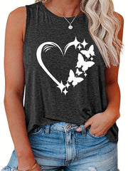 Butterfly & Heart Print Round Neck Tank Top