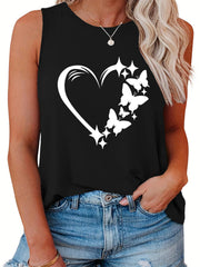 Butterfly & Heart Print Round Neck Tank Top