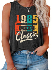 Casual Tank Top Women's Plus Radio Print Round Neck Slight Stretch