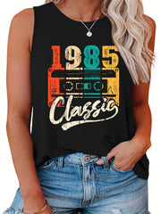 Casual Tank Top Women's Plus Radio Print Round Neck Slight Stretch