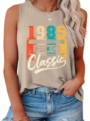 Casual Tank Top Women's Plus Radio Print Round Neck Slight Stretch