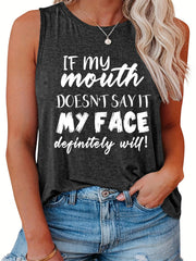 Women's Slogan Print Tank Top Round Neck Casual Stretch