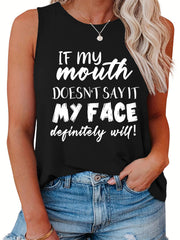 Women's Slogan Print Tank Top Round Neck Casual Stretch