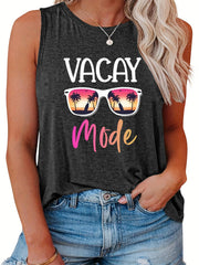Casual Tank Top Women's Plus Letter & Glasses Print