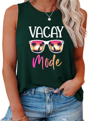 Casual Tank Top Women's Plus Letter & Glasses Print