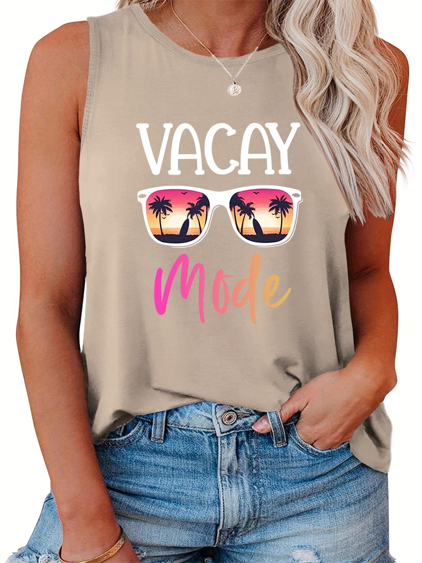 Casual Tank Top Women's Plus Letter & Glasses Print