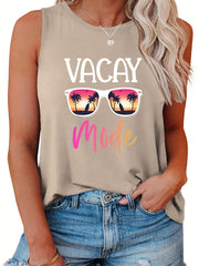 Casual Tank Top Women's Plus Letter & Glasses Print