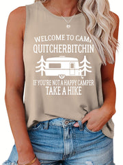 Casual Tank Top Women's Plus Car & Slogan Print