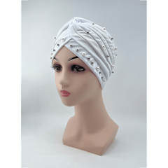 Faux Pearl Decor Turban Colorful Head Wraps Beanie Ramadan Hijab Hat