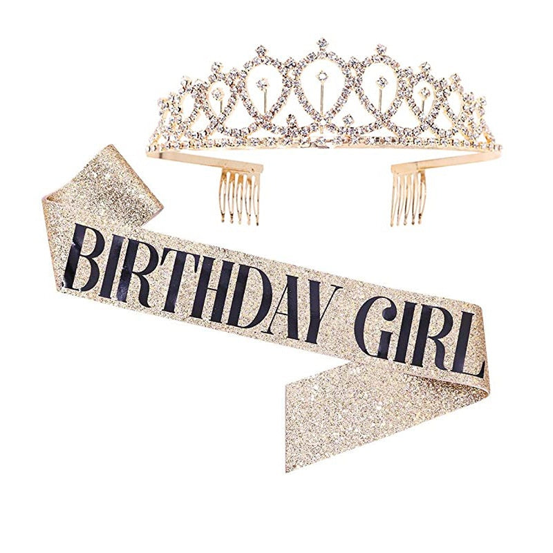Bling Rhinestone Crystal Crown Tiara Happy Birthday Satin Sash Party Supplies