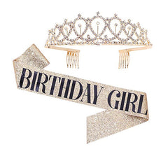 Bling Rhinestone Crystal Crown Tiara Happy Birthday Satin Sash Party Supplies