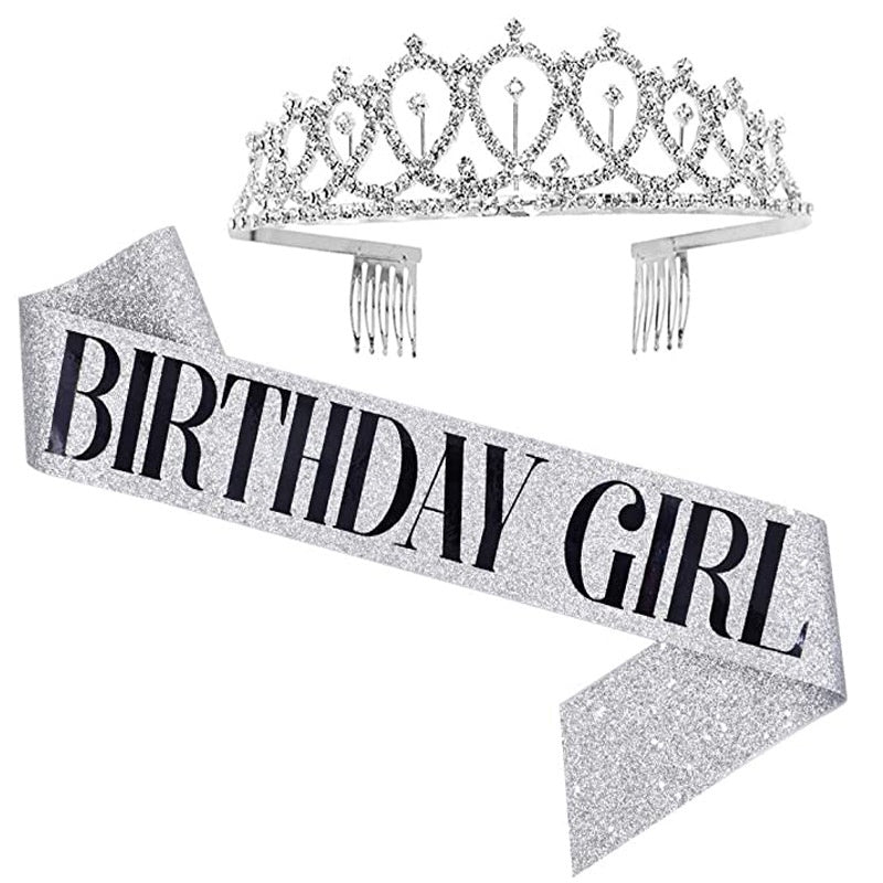 Bling Rhinestone Crystal Crown Tiara Happy Birthday Satin Sash Party Supplies