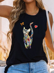 Cat Print Tank Top Sleeveless Casual Summ...