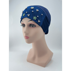 Flower Decor Glitter Turban Block Head Wraps Beanie Ramadan Hijab Hat